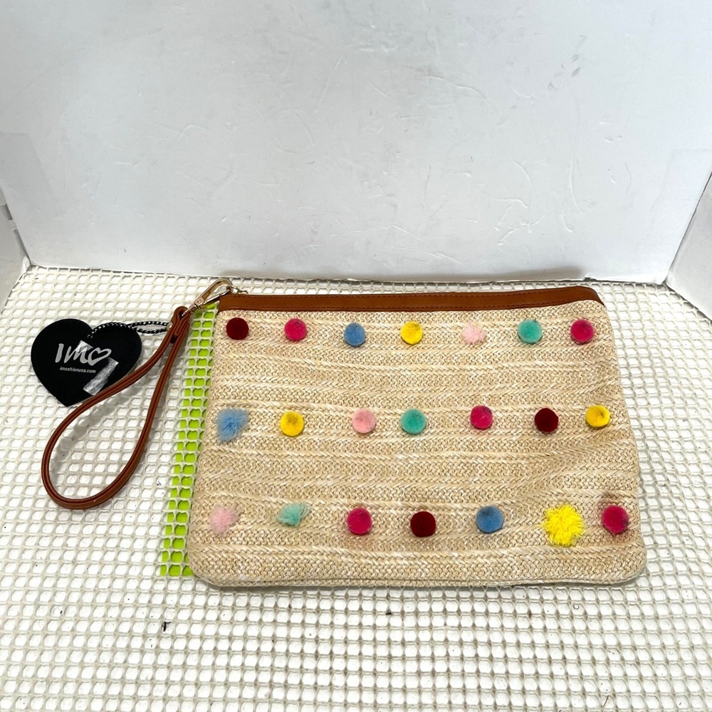 IMO Straw Pom Pom Wristlet Clutch Bag Tan Multi Color Boho Summer New defect